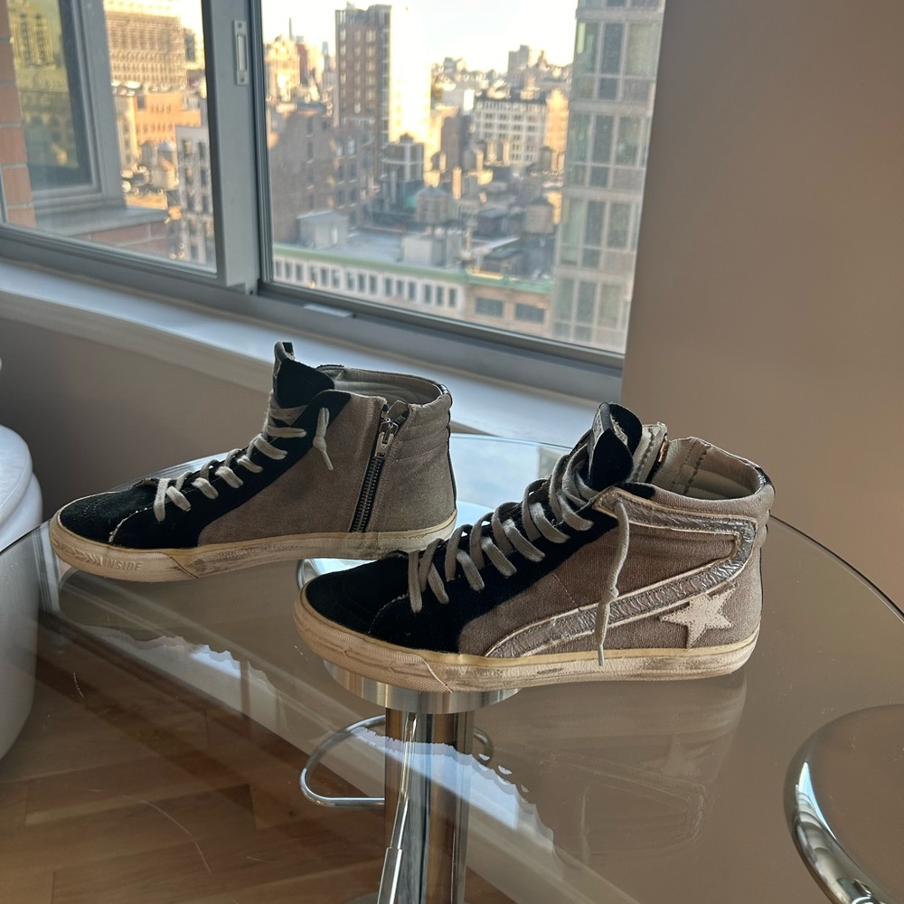 Golden Goose High Top Sneakers. Size 8.5. Grey and Black, Distressed.